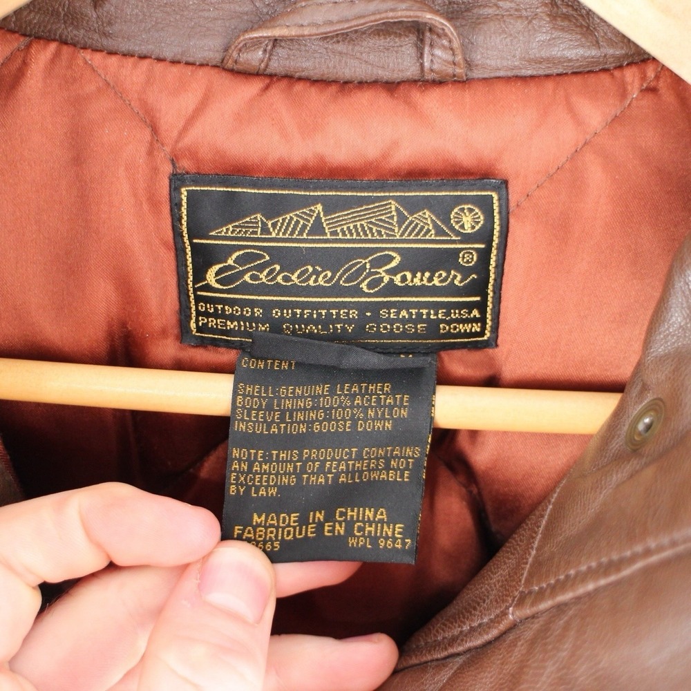 Vintage Eddie Bauer Leather Goose Down Bomber Jacket Brown Womens Medium - Picture 3 of 5